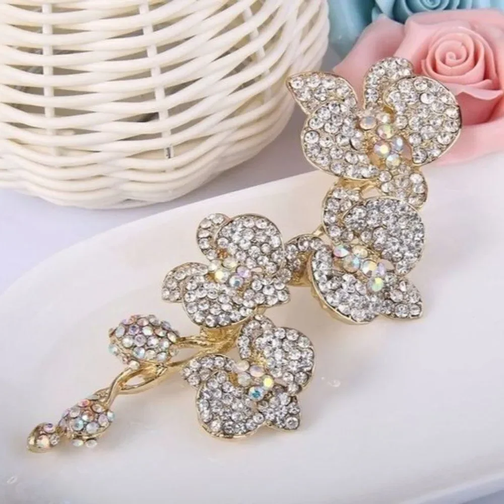 Long Yellow Gold with White Diamond Austrian Crystal Orchid Flower Brooch